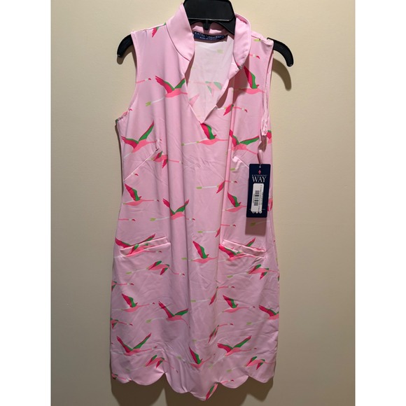 Katherine Way Dresses & Skirts - Katherine Way Flying Flamingos Pink Golf Dress Scallop Hem Sleeveless Small NWT